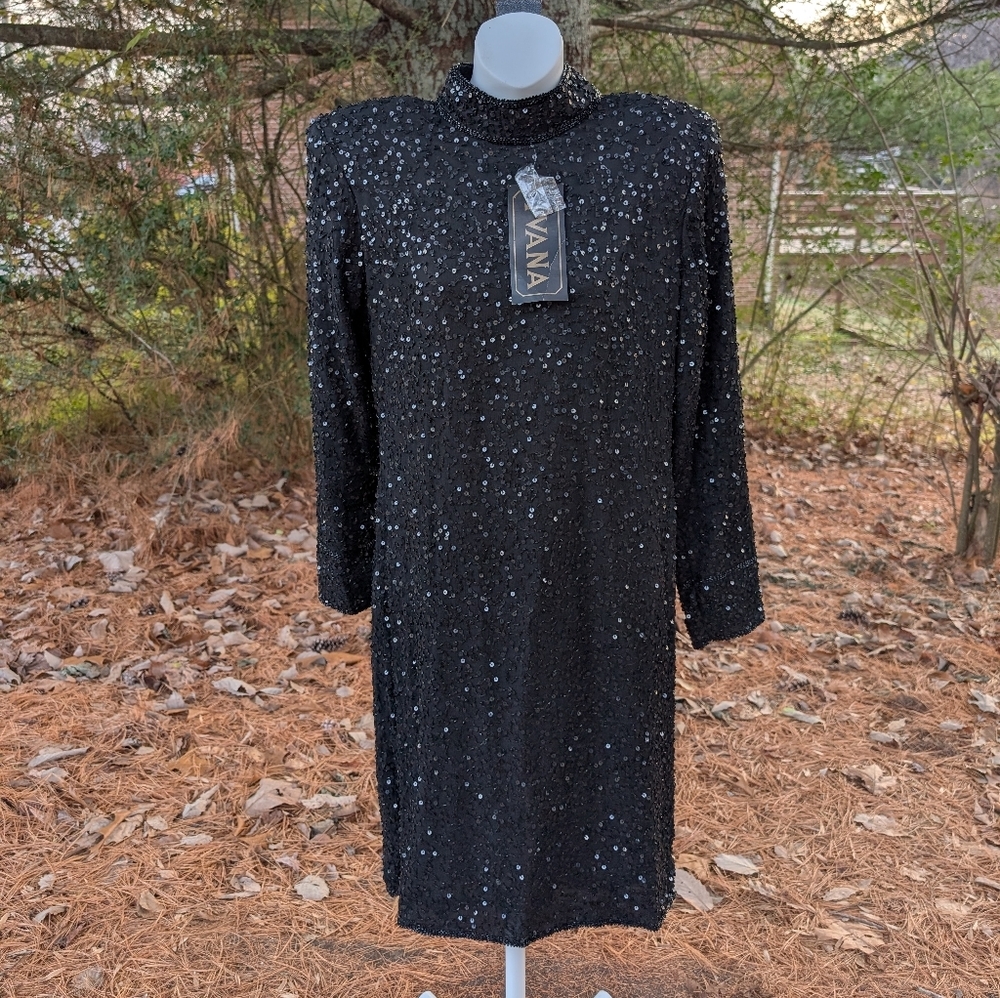 Vintage Ivana Silk Full Sequin Black Midi Cocktail Dress Women's 12 Gorgeous